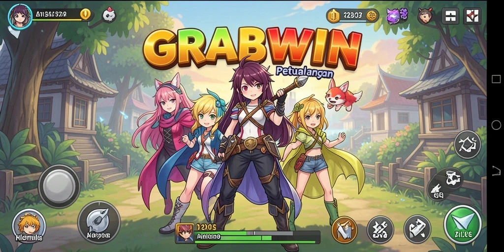 Screenshot gameplay utama GRABWIN yang menampilkan karakter Anime dalam aksi.
