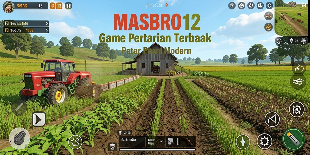 Screenshot gameplay <strong>MASBRO12</strong> yang menampilkan pertanian yang hijau dan subur.