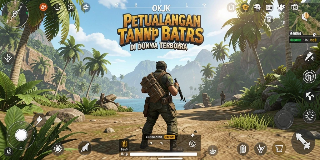 Screenshot gameplay OKJK dengan pemandangan dunia terbuka yang menakjubkan.