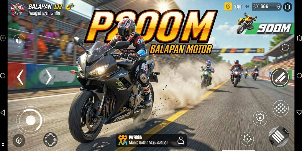 Screenshot gameplay P200M menampilkan balapan motor yang spektakuler.