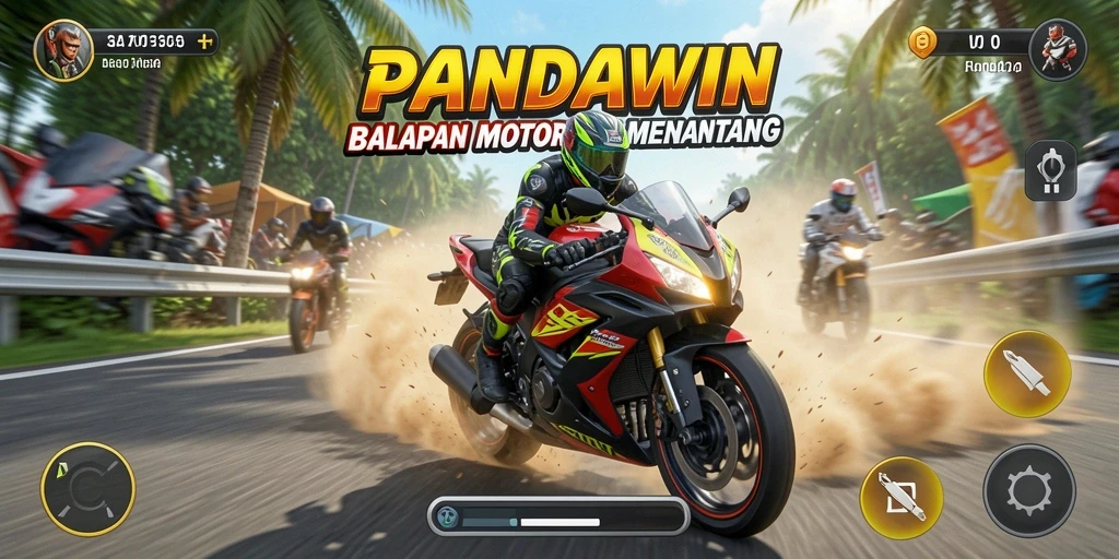 Screenshot gameplay PANDAWIN menampilkan balapan motor yang seru.