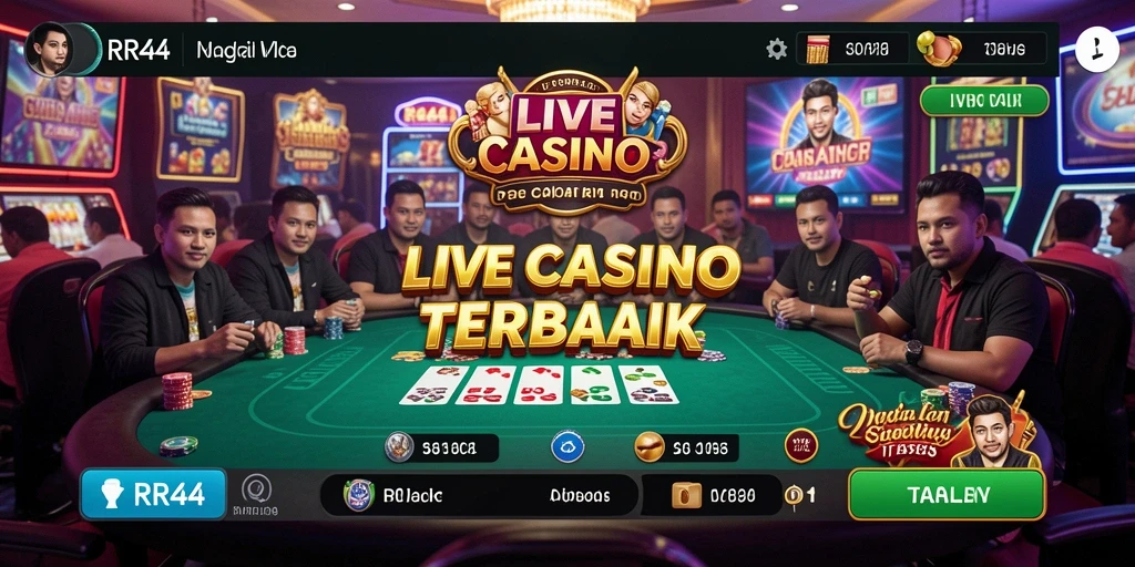 Screenshot gameplay RR44 yang menampilkan dealer langsung dan suasana kasino yang menakjubkan.