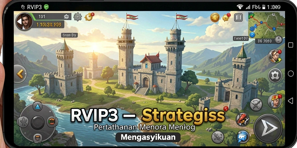 Tangkapan layar gameplay menampilkan menara bertahan yang strategis di RVIP3.