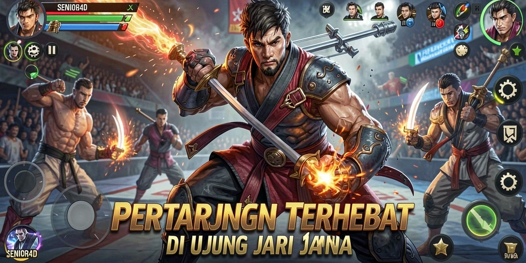Screenshot gameplay <strong>SENIOR4D</strong> menampilkan pertarungan intens di arena.