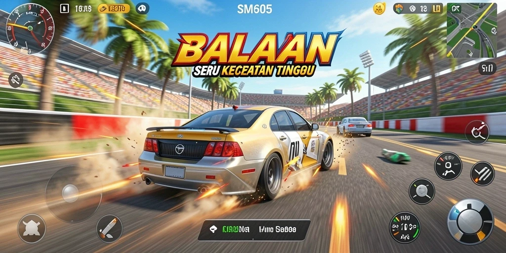 Tampilan gameplay SM605 yang menegangkan saat balapan.