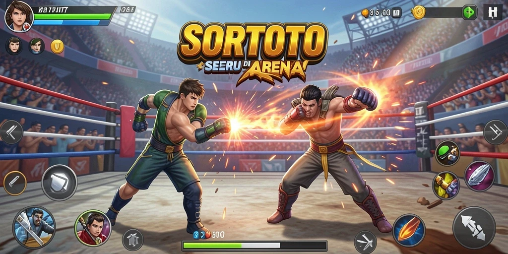Tangkapan layar SORTOTO menunjukkan aksi pertarungan yang dinamis dan karakter yang mengesankan.